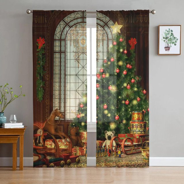 Yiran Furniture Transparentes Voile Organza Fenstervorhang mit Weihnachts-Motiv Schneeflocken und Glocken, Breite: 135 cm, Höhe: 115 cm - Bild 1