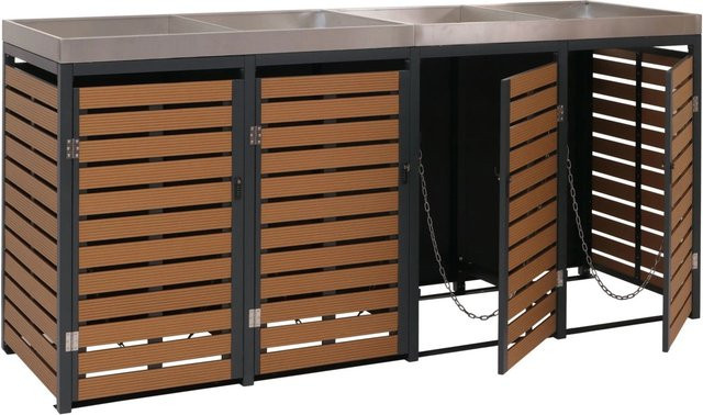 PROREGAL 4er Mülltonnenverkleidung mit Pflanzkasten in Teak-Optik aus WPC und Edelstahl, Farbe: Anthrazit/Braun/Silber, H x B x T: 124 x 265 x 84 cm - Bild 1