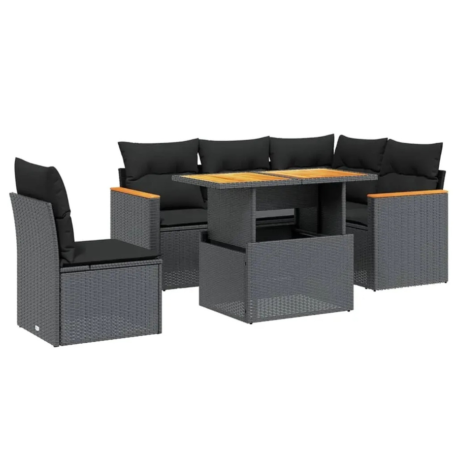 vidaXL 6-teilige Garten-Sofagarnitur in L-Form aus Polyrattan mit Kissen und Couchtisch, Schwarz - Bild 2