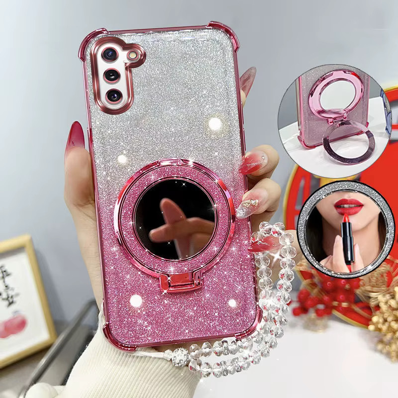 Stoßfeste Samsung Galaxy Note 10 und Note 10 Pro Handyhülle mit Glitzer-Effekt, Spiegelständer und Perlenarmband in Schwarz oder Pink - Bild 1