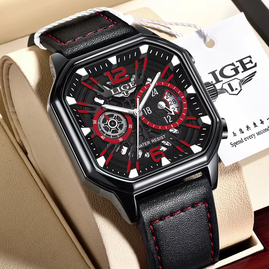 LIGE Chronograph Armbanduhr, Leder, Quarz, Eckig, Blau, Herren - Bild 3
