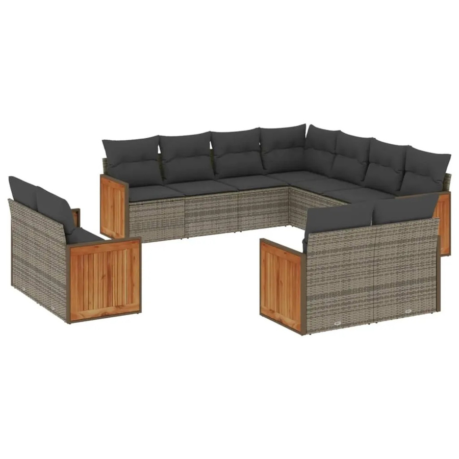 vidaXL 11-tlg. Garten-Sofagarnitur in L-Form aus Polyrattan und Akazienholz in Grau mit Kissen und Stauraum - Bild 2