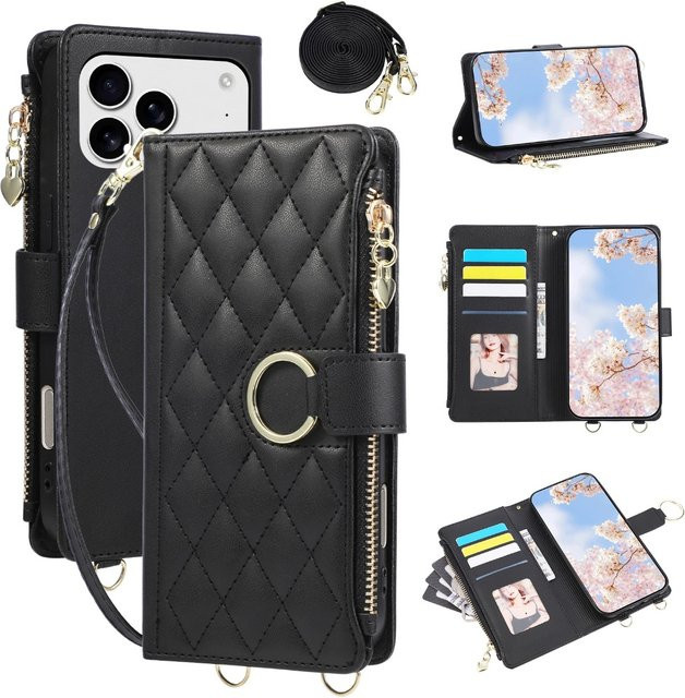 SZMUGUA Gesteppte Brieftaschen-Handyhülle mit Reißverschluss, Kartenhalter und Umhängegurt für iPhone, Farbe: Grün - Bild 1