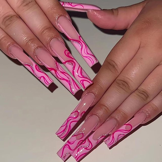 ZH3 Falsche Nägel, Quadratisch, Pink, Glänzend, 24 Stück - Bild 1