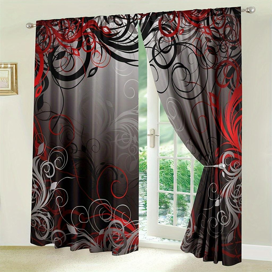 2er-Set Fenstervorhänge mit Streifenmuster in Schwarz und Rot, halbtransparent, moderner Stil, B: 150 cm, H: 166 cm - Bild 3