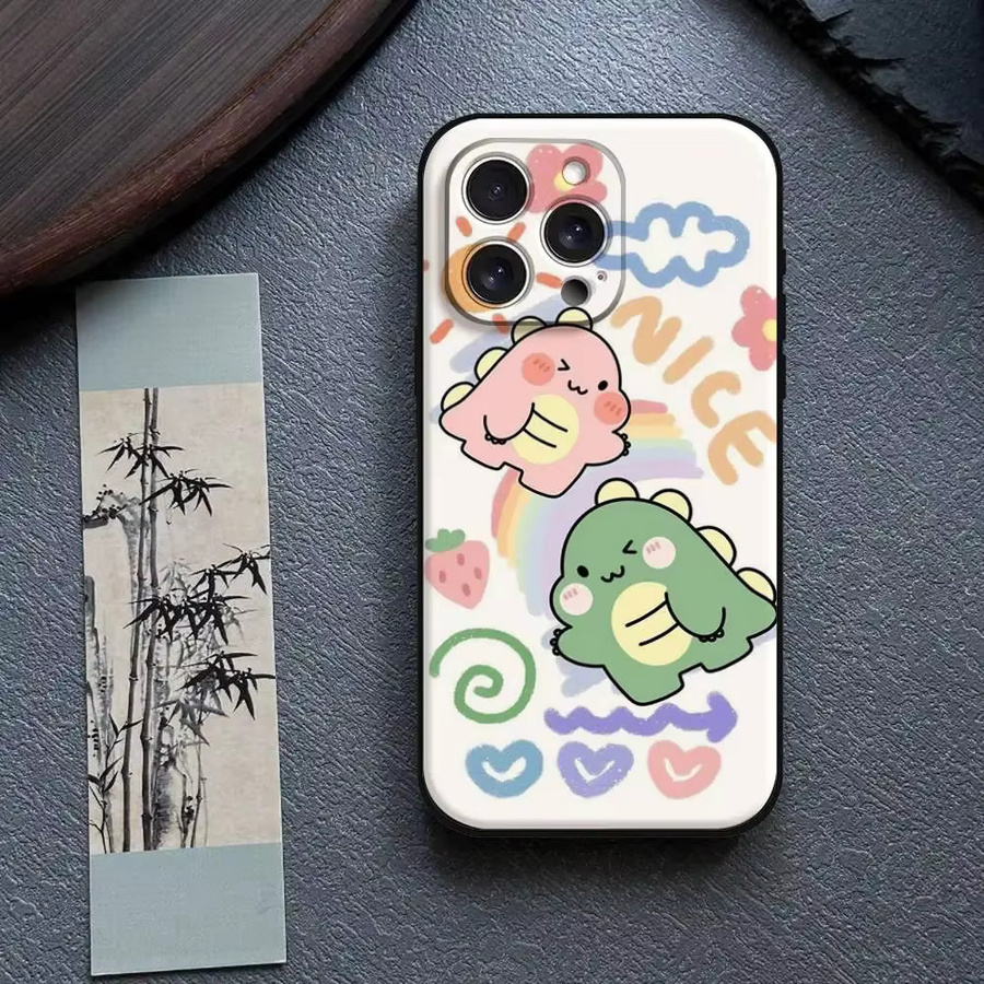 Handyhülle mit Cartoon-Dinosaurier für iPhone 11 bis iPhone 17 Modelle, Schwarzes Silikon Weichschutzcase - Bild 3