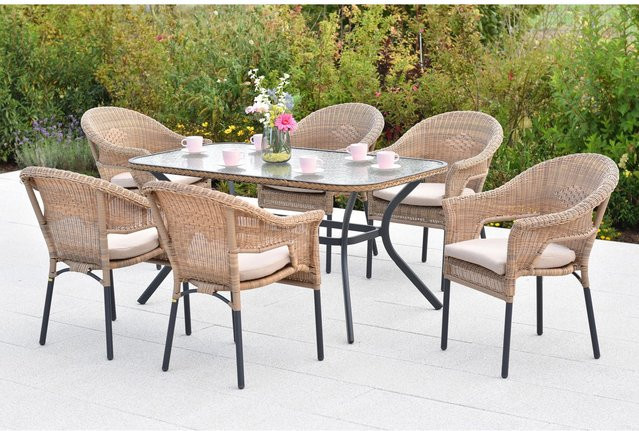 Merxx Gartenmöbel-Diningset Ravenna 13-teilig in Natur mit 6 Stapelsesseln, Sitzkissen und Tisch aus Aluminium und Glas, Tisch Breite: 150 cm, Tiefe: 85 cm - Bild 2