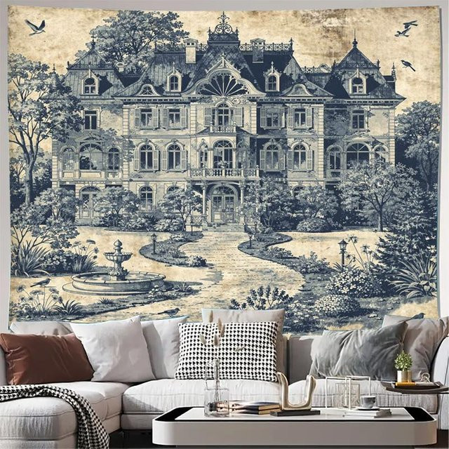 Eleganter Vintage Wandteppich in Blau mit gotischem Herrenhaus-Motiv, B/H: 150 x 200 cm - Bild 1