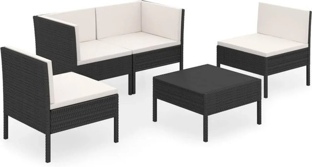 vidaXL 5-tlg Garten-Lounge-Set in L-Form aus Poly Rattan und pulverbeschichtetem Stahl in Schwarz mit Sitzpolstern und Rückenkissen - Bild 1