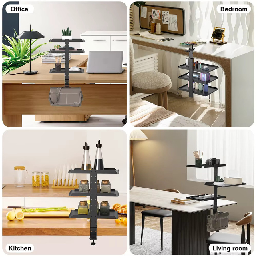 HGTUGO 3-lagiges Schreibtisch-Aufbewahrungsregal aus Metall in Schwarz zum Anklemmen mit verstellbarem Seitenregal und rutschfester Ablage - Bild 8