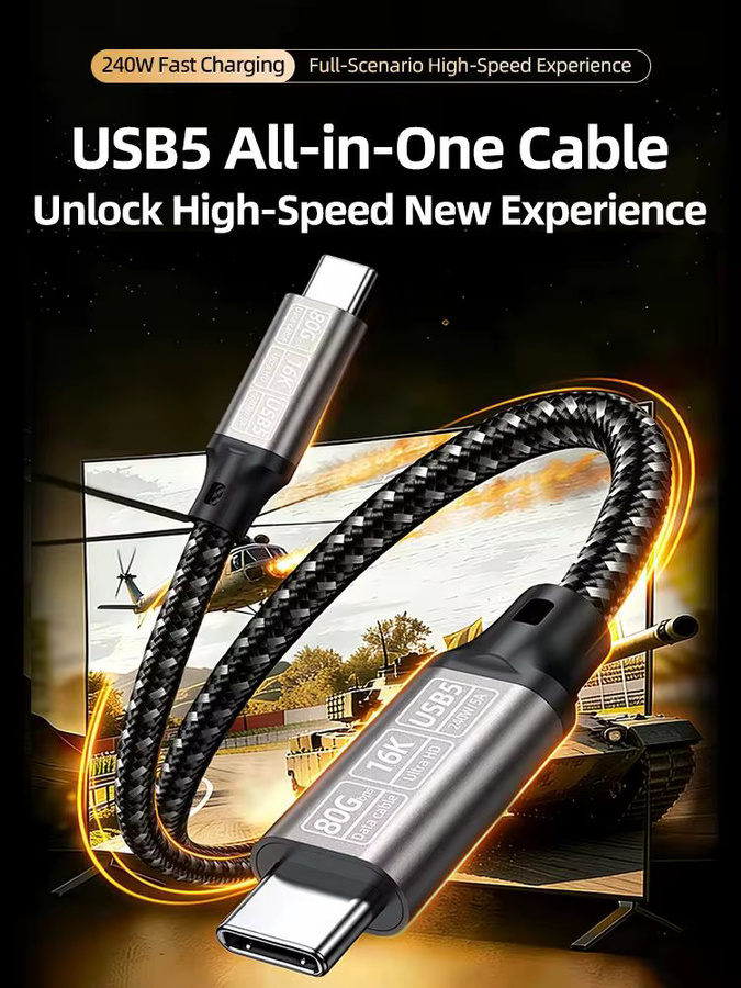 WANJEED USB-C-auf-USB-C-Kabel, 240W 5A Schnellladekabel, 80Gbps Datenübertragung und 16K@60Hz Videoausgabe, geflochten, Schwarz - Bild 6