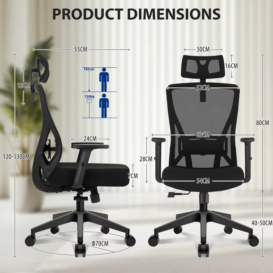 Durrafy Ergonomischer Bürostuhl in Schwarz mit verstellbarer Kopfstütze und Lendenwirbelstütze, moderner Netz-Computerstuhl mit Armlehnen und Höhenverstellbarkeit, Belastbarkeit bis 150 kg - Bild 2