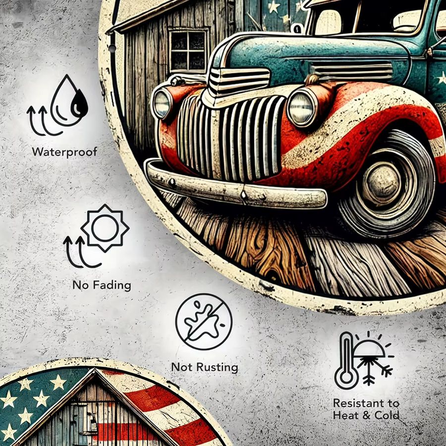 Potdemiel Rundes Metallschild Vintage Blue Truck mit amerikanischer Flagge, Durchmesser: 20,32 cm, Blau - Bild 5