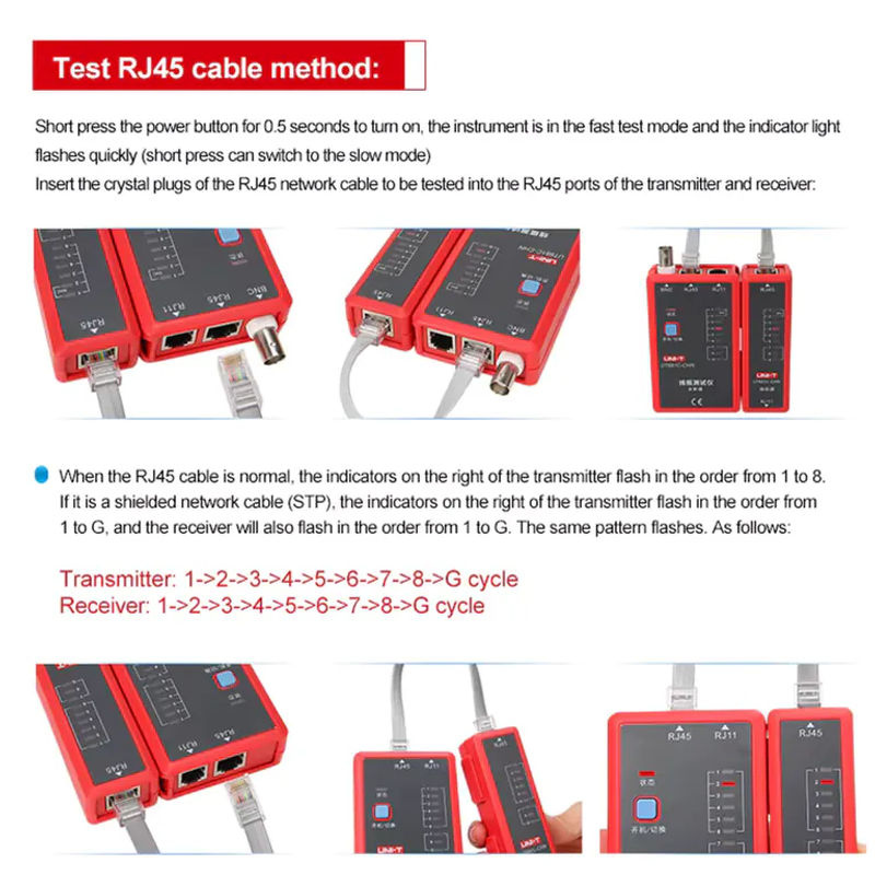 UNI-T UT681L Netzwerk-Tester für RJ45 und RJ11 Kabel mit LED-Statusanzeige in Rot - Bild 4