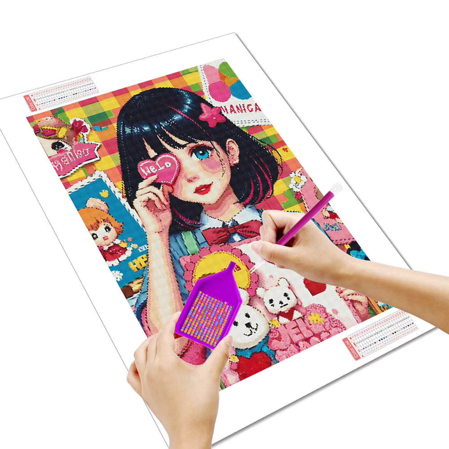 HUACAN Diamantmalerei Set Cartoon Mädchen Porträt 5D DIY Kunst Mosaik Bild in Mehrfarbig mit runden Steinen B/H: 20 x 30 cm - Bild 2