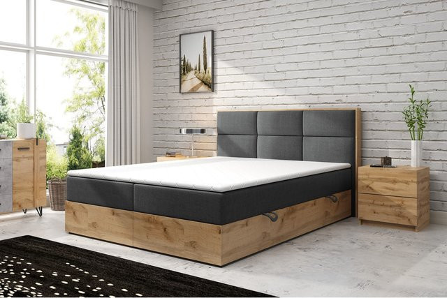 M-Punkt Boxspringbett STOCKHOLM aus Eiche Holz mit Bettkasten in Grau Anthrazit Webstoff B/T: 180 x 200 cm - Bild 1