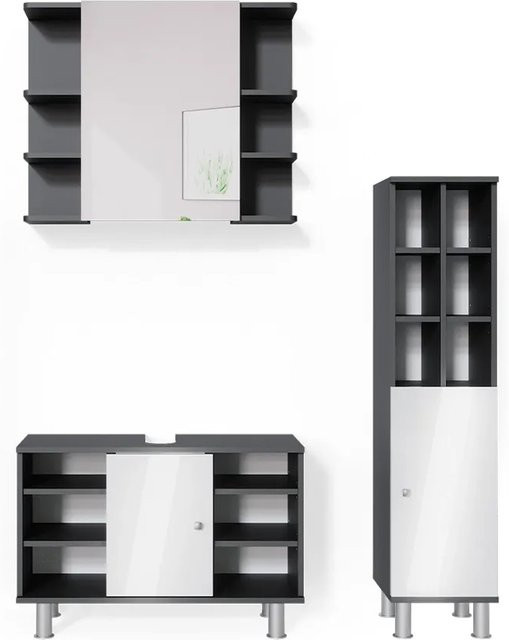 Vicco Badmöbel Set Fynn in Anthrazit und Weiß, 3-teilig bestehend aus Spiegelschrank, Waschbeckenunterschrank und Hochschrank - Bild 2