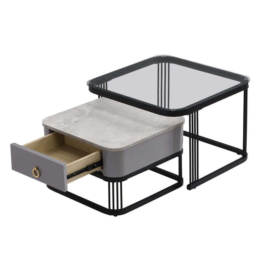 okwish Stapelbarer Couchtisch mit Schubladen und Glasplatte in Marmoroptik Schwarz, B/T/H: 60 x 60 x 42 cm - Bild 2