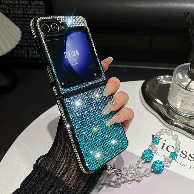 Glitzernde Diamant-Handgelenkketten-Schutzhülle für Samsung Galaxy Z Flip 6 5 4 3 mit Farbverlauf und Strasssteinen aus hartem PC-Material in Multicolour und Blau - Bild 1