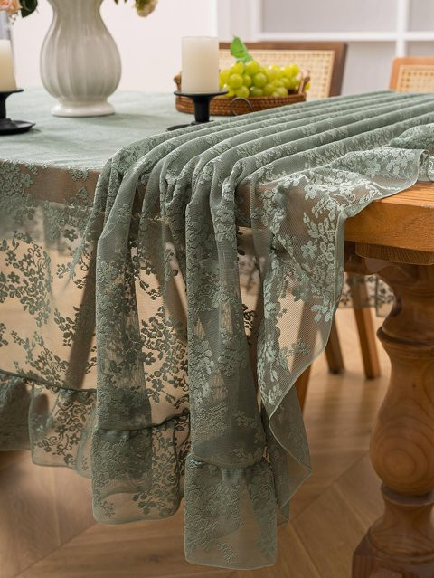 Salbeigrüne Spitzentischdecke von JINGYUE Pet mit Vintage-Blumenstickerei und Rüschen, B/L: 140 x 260 cm - Bild 1