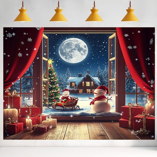 VIKAMA Wandteppich Weihnachten Winter Solstice mit Schnee Szene Fenster Ansicht als Wandbehang zur Raumdekoration - Bild 1