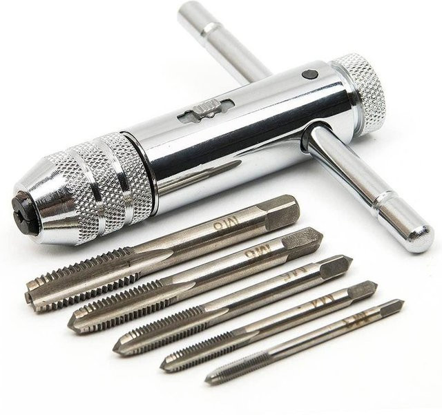 Binoax Ratschen-Gewindebohrer-Set mit T-Griff und Halter in Silber, metrische Maschinengewinde M3, M4, M5, M6, M8 - Bild 1