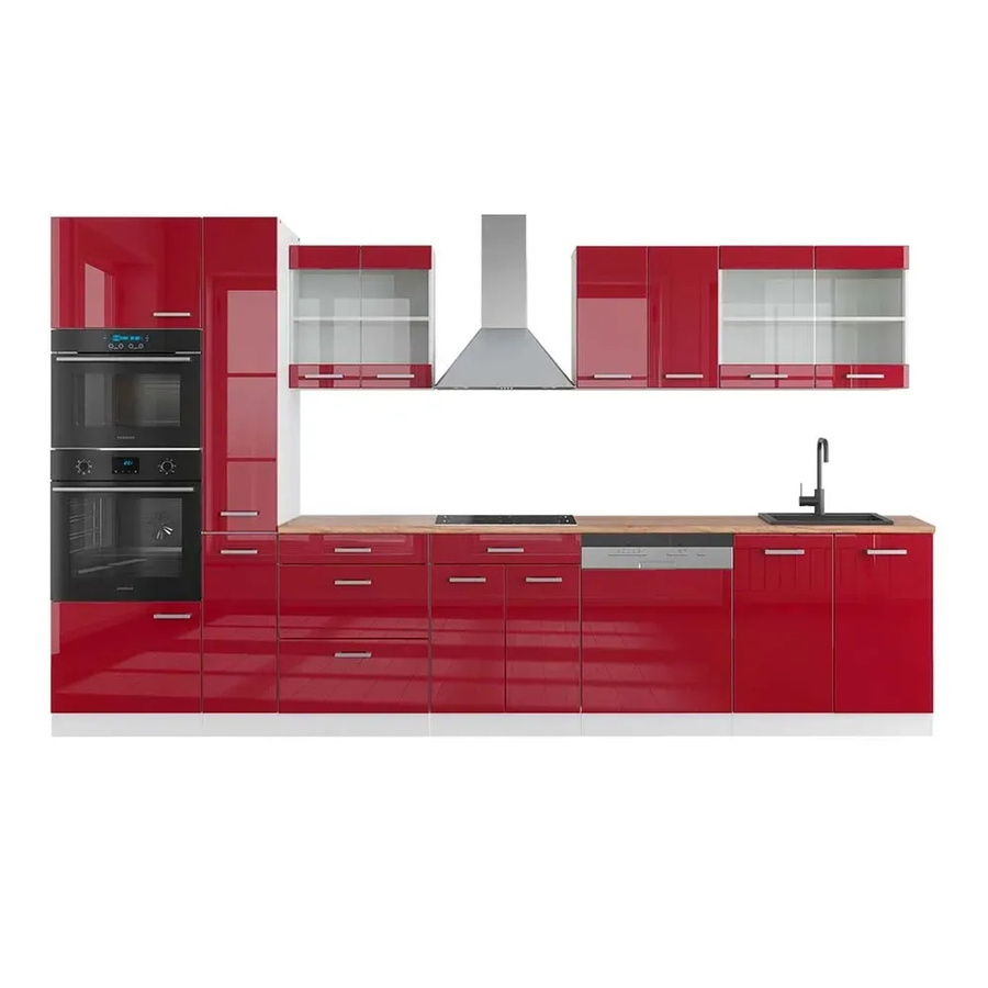 Vicco R-Line Küchenzeile Bordeaux Hochglanz und Weiß mit Hochschrank Eiche, Breite: 350 cm - Bild 2