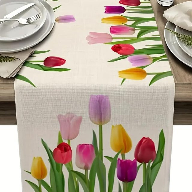 VIKAMA Tischläufer mit floralem Tulpenmuster für Ostern und Frühling, Mehrfarbig, Polyester, B/H: 33 x 230 cm - Bild 1