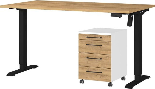 Germania Büro-Set mit höhenverstellbarem Schreibtisch und Rollcontainer in Eiche-Grandson-Nachbildung, Weiß-Schwarz, B/H/T: 197 x 119 x 80 cm - Bild 1