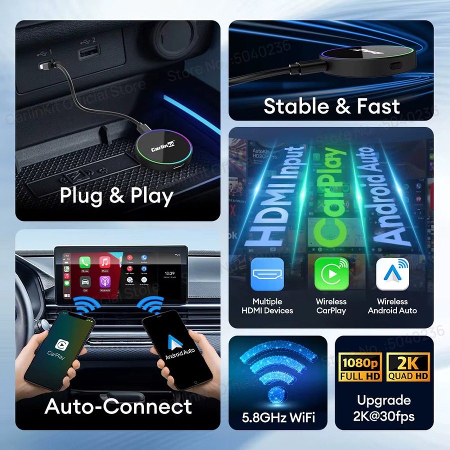 CarlinKit HD2CP Pro 3-in-1 Smart Car Box für Wireless Android Auto, CarPlay und HDMI 2K Video Streaming in Schwarz - Bild 4