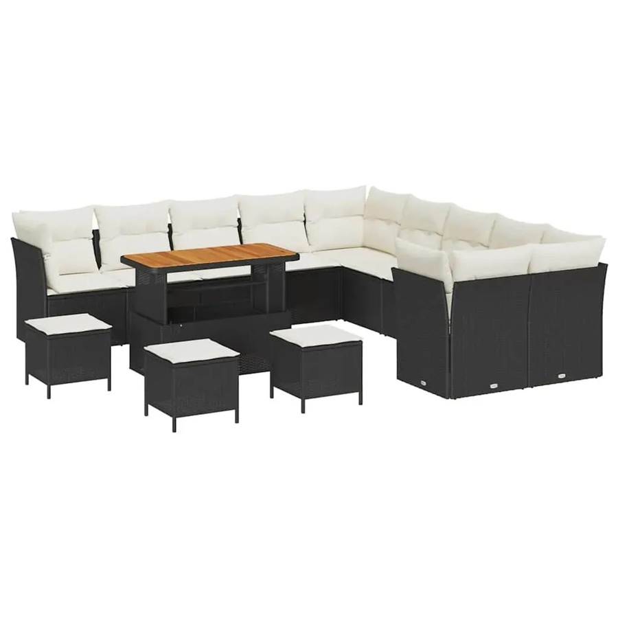 vidaXL Garten-Sofa-Set 14-tlg. in U-Form aus Poly-Rattan und Akazienholz mit Polstern, Schwarz-Creme - Bild 2