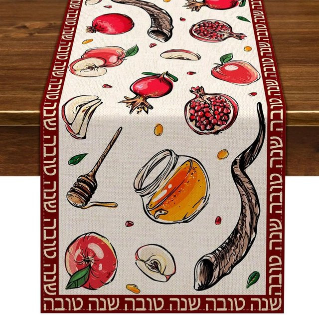 JMG Household Supplies Shana Tova Leinen Tischläufer für Rosh Hashanah, Weiß, B/H: 33 x 150 cm - Bild 1