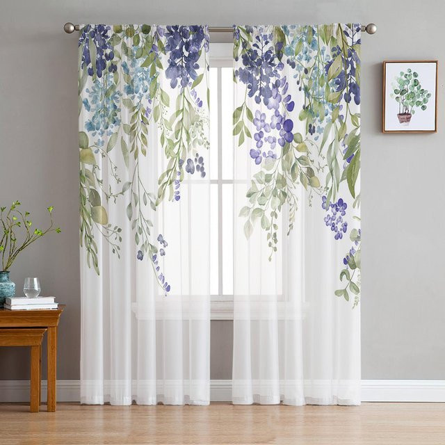 Super Six Transparentes Tüll-Fensterdekoration mit Aquarell-Glyzinien-Blumen in Weiß, Lila und Grün, Breite: 135 cm, Höhe: 114 cm - Bild 1