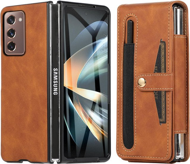 Lederhülle Brieftasche mit Kartenfach und Glasfolie für Samsung Galaxy Z Fold 5/Fold4/Fold3/Fold2 5G in Braun - Bild 1