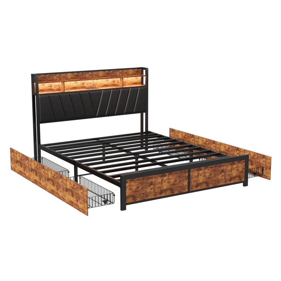 PXloue Doppelbett mit Schubladen, LED-Beleuchtung und USB-Ladestation in Braun und Schwarz, B/T/H: 160 x 200 x 113 cm - Bild 2