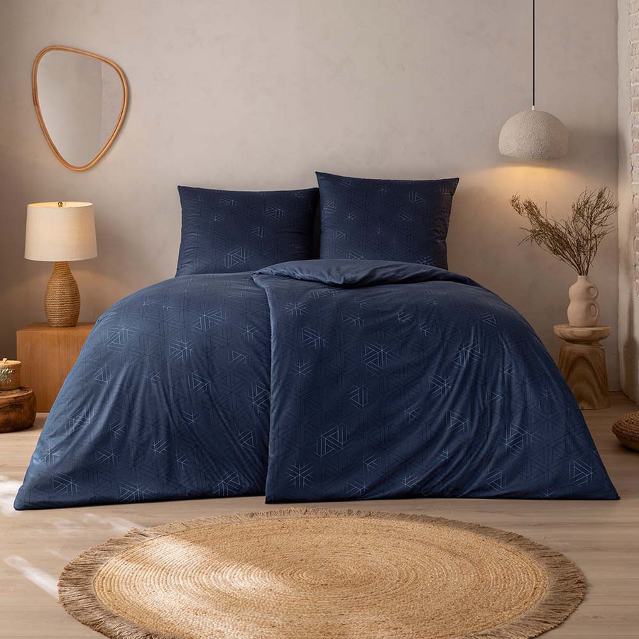 Estella Mako Jersey Bettwäsche Pippa Rauten Dreiecke Indigo Blau mit Bettbezug und Kissenbezug, B/H: 155 x 220 cm und 80 x 80 cm - Bild 1