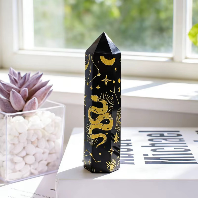RYCRYSTAL Obsidian-Kristallstab Obelisk in Schwarz und Silber als dekorative Heimdekoration - Bild 3