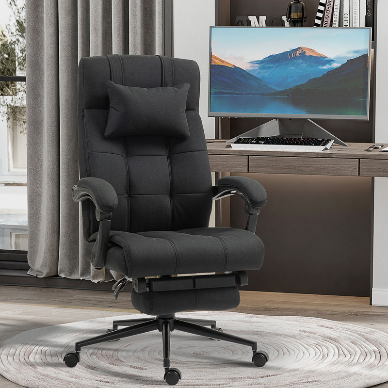 Vinsetto Ergonomischer Bürostuhl in Schwarz mit Liegefunktion, Kopfkissen, Armlehnen und Fußstütze aus Webstoff in Leinenoptik - Bild 2