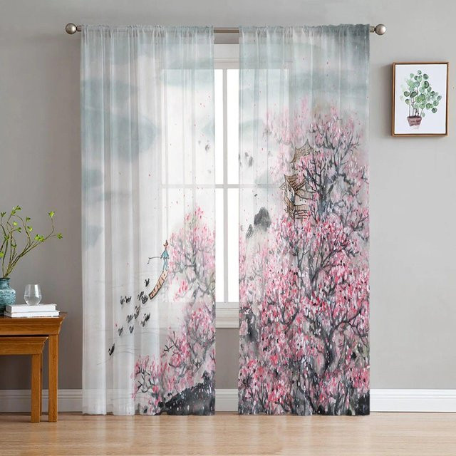 Transparenter Voile-Tüll-Vorhang von A Family Of Home Textiles im chinesischen Stil mit Blumen- und Landschafts-Tuschemalerei, B: 135 cm, H: 114 cm - Bild 1