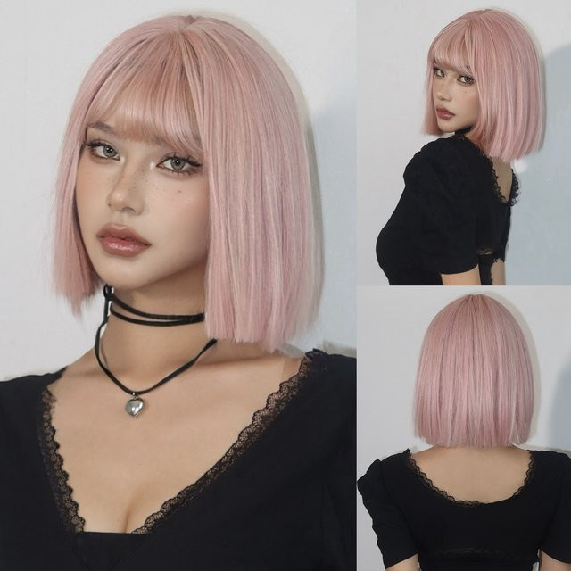 HAIRCUBE Perücke, Bob-Schnitt mit Pony, Grau-Rosa, Synthetisch - Bild 1