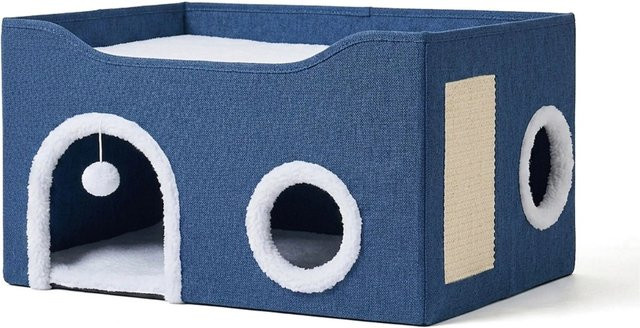 Relaxdays Katzenhöhle aus Karton und Polyester mit Sisal-Kratzbrett in Blau, B/T/H: 60 x 34 x 40 cm - Bild 1