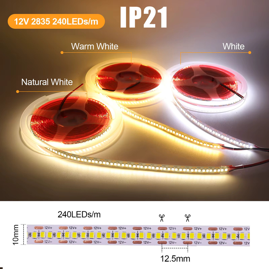 HEGEHE LED-Streifen wasserdicht IP65 SMD 240 120 LEDs/m in Warmweiß/Naturweiß für DC 12V 24V - Bild 2