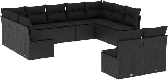 vidaXL 11-tlg Garten-Sofagarnitur Modell 36 in U-Form aus Polyrattan mit Kissen, Schwarz - Bild 1