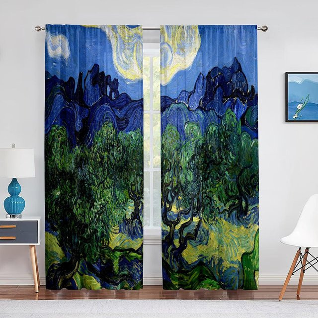 Dekorative Vorhänge im Van Gogh Sternenhimmel Design, 2er-Set Retro Sternen-Motiv in Blau, B: 50 cm, H: 130 cm - Bild 1
