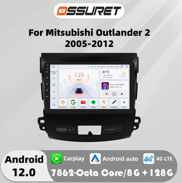 OSSURET Android 12 Autoradio mit 9 Zoll Display für Mitsubishi Outlander 2, Peugeot 4007 und Citroen C-Crosser, Multimedia-Video-Player mit Carplay, 4G, GPS und FM Stereo in Schwarz - Bild 1