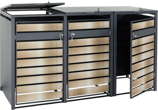 PROREGAL Mülltonnenbox 3er in Anthrazit mit Gold Schlitzoptik, B/T/H: 117 x 200 x 80 cm - Bild 1