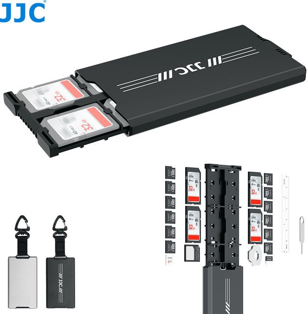 JJC Speicherkartenetui in Schwarz mit 18 Steckplätzen und Pop-up-Design für SD, MicroSD/TF und Nano-SIM/NM-Karten inklusive Karabiner - Bild 1