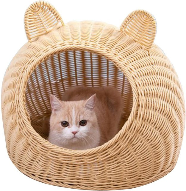 Nensit Katzenbett in Rattan-Optik mit Katzenohren, handgeflochtenes und waschbares Katzenhaus für innen, beige, B/T/H: 45 x 45 x 45 cm - Bild 1