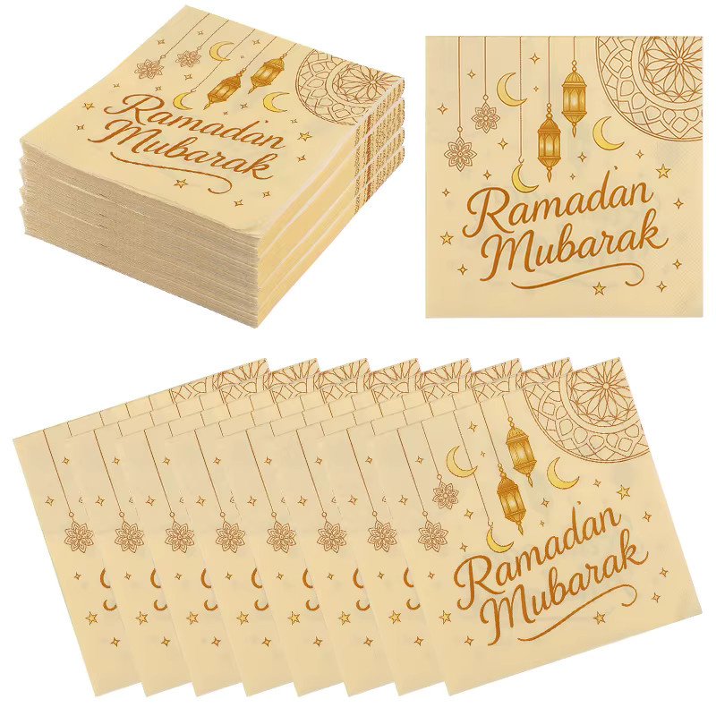 ZQNYCY Ramadan Mubarak Papierservietten mit goldenem Mond und Laterne in Gold für deine islamische Eid Tischdekoration - Bild 4