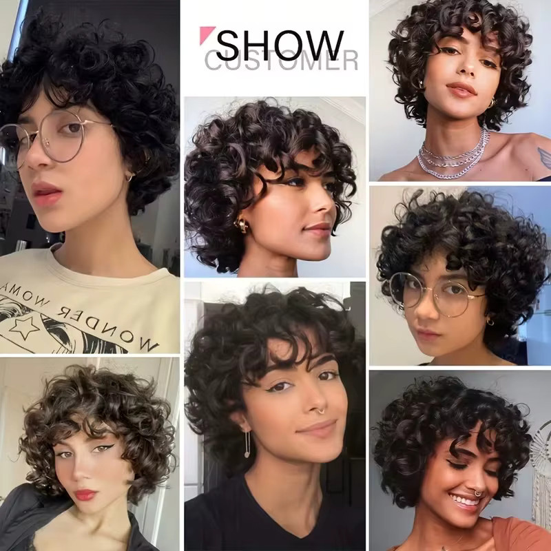 OYM HAIR Bob-Perücke, lockig mit Pony, 100 % Echthaar, Schwarz, Damen - Bild 5